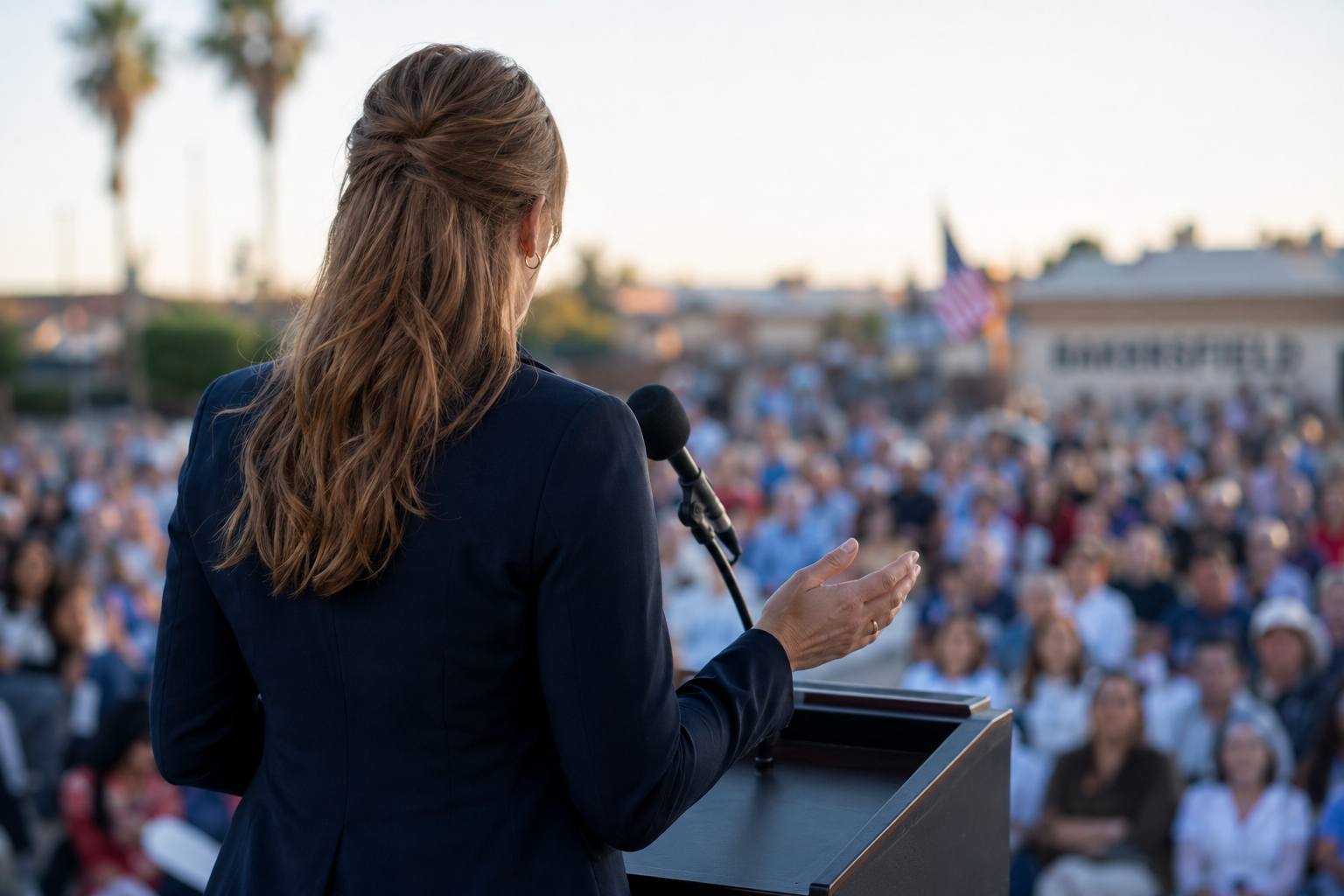Kathryn Halling speaking at a community event in Bakersfield